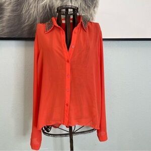 Lush | bright orange sheer button down blouse studded collar from Nordstrom M